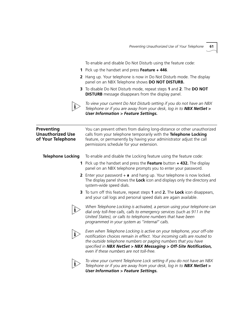 Preventing unauthorized use of your telephone, Telephone locking | 3Com 2101 User Manual | Page 61 / 96