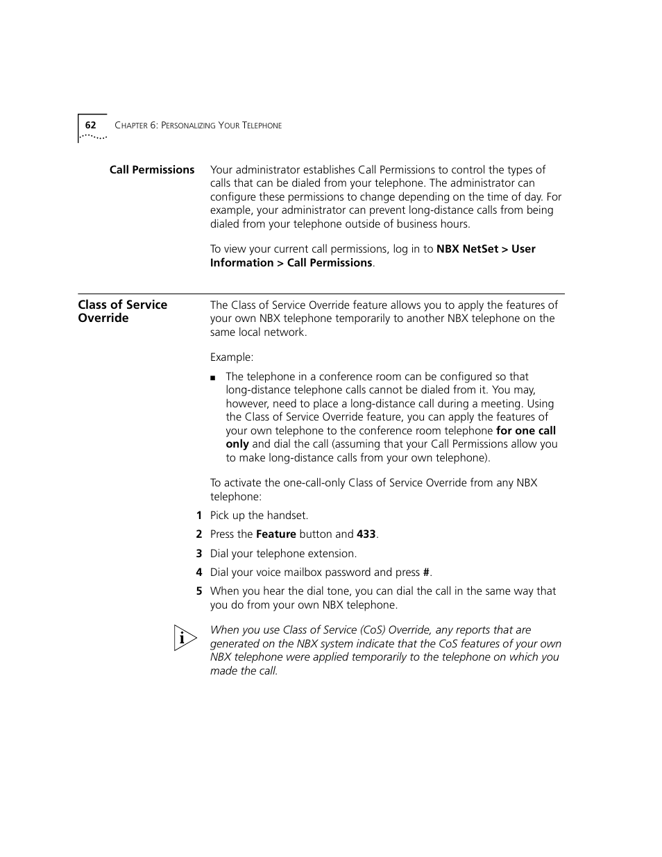 Call permissions, Class of service override | 3Com 2101 User Manual | Page 62 / 96