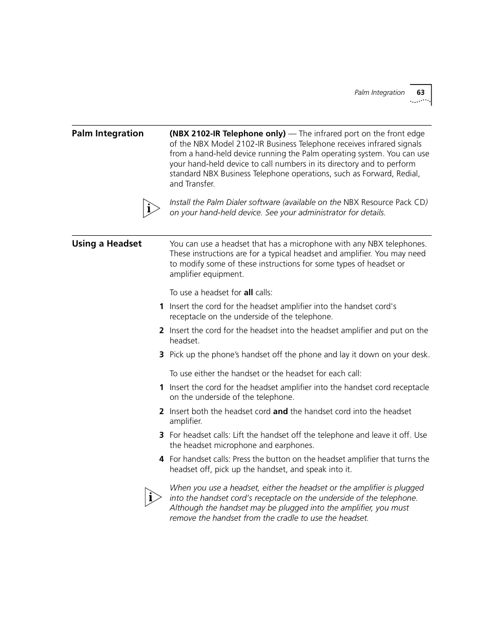 Palm integration, Using a headset | 3Com 2101 User Manual | Page 63 / 96