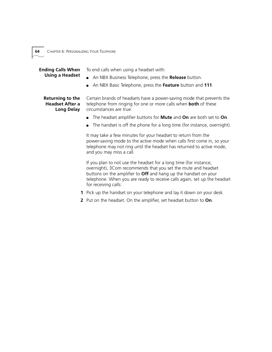 Ending calls when using a headset, Returning to the headset after a longdelay, Returning to the headset after a long delay | 3Com 2101 User Manual | Page 64 / 96