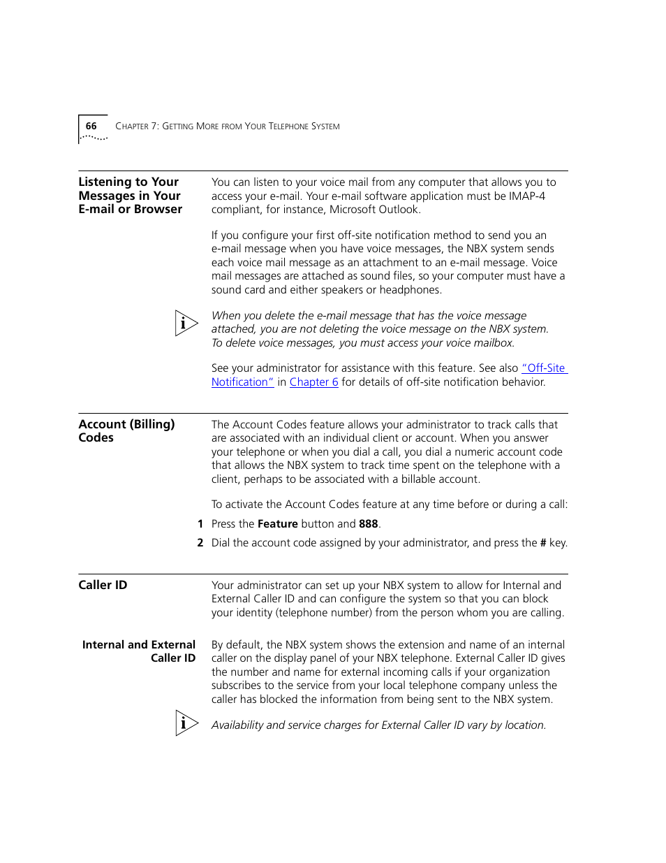 Account (billing) codes, Caller id, Internal and external caller id | Listening to your messages in your, E-mail or browser | 3Com 2101 User Manual | Page 66 / 96