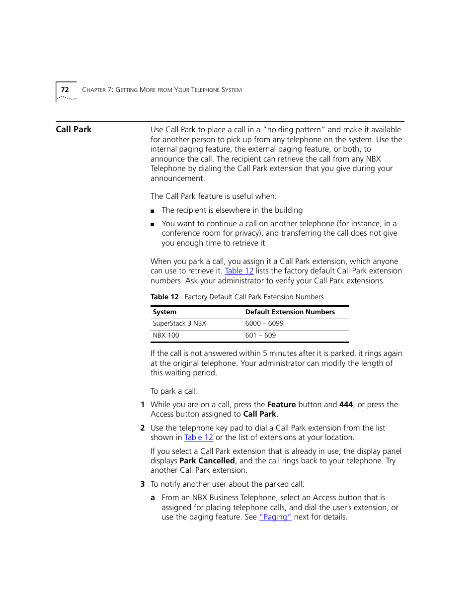 Call park, Call, Park | 3Com 2101 User Manual | Page 72 / 96