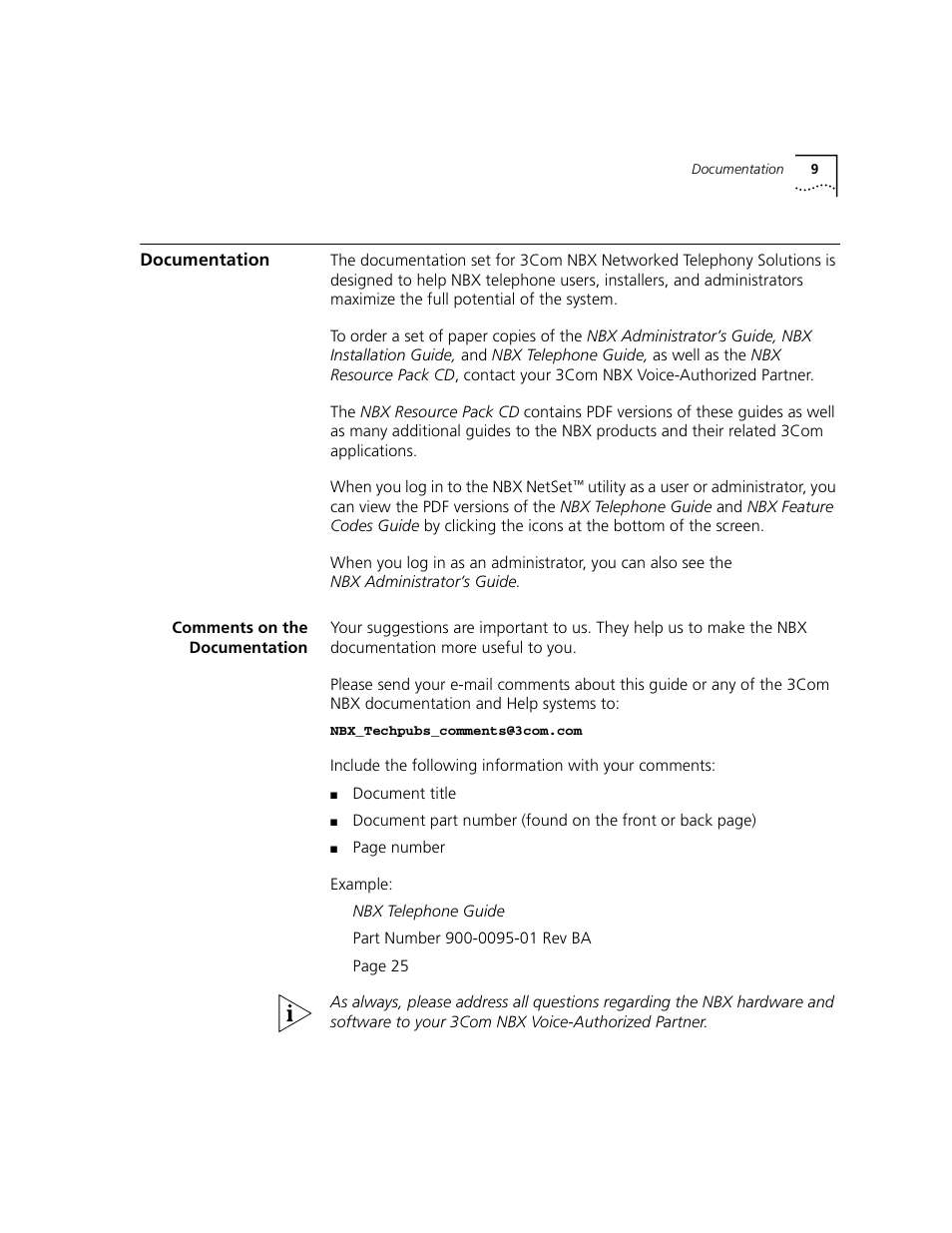 Documentation, Comments on the documentation | 3Com 2101 User Manual | Page 9 / 96
