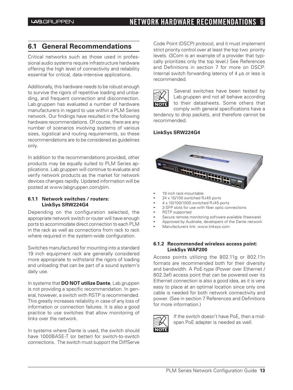 1 general recommendations, 1 network switches / routers: linksys srw224g4, Network hardware recommendations 6 | 3Com NCG-PLM User Manual | Page 13 / 17