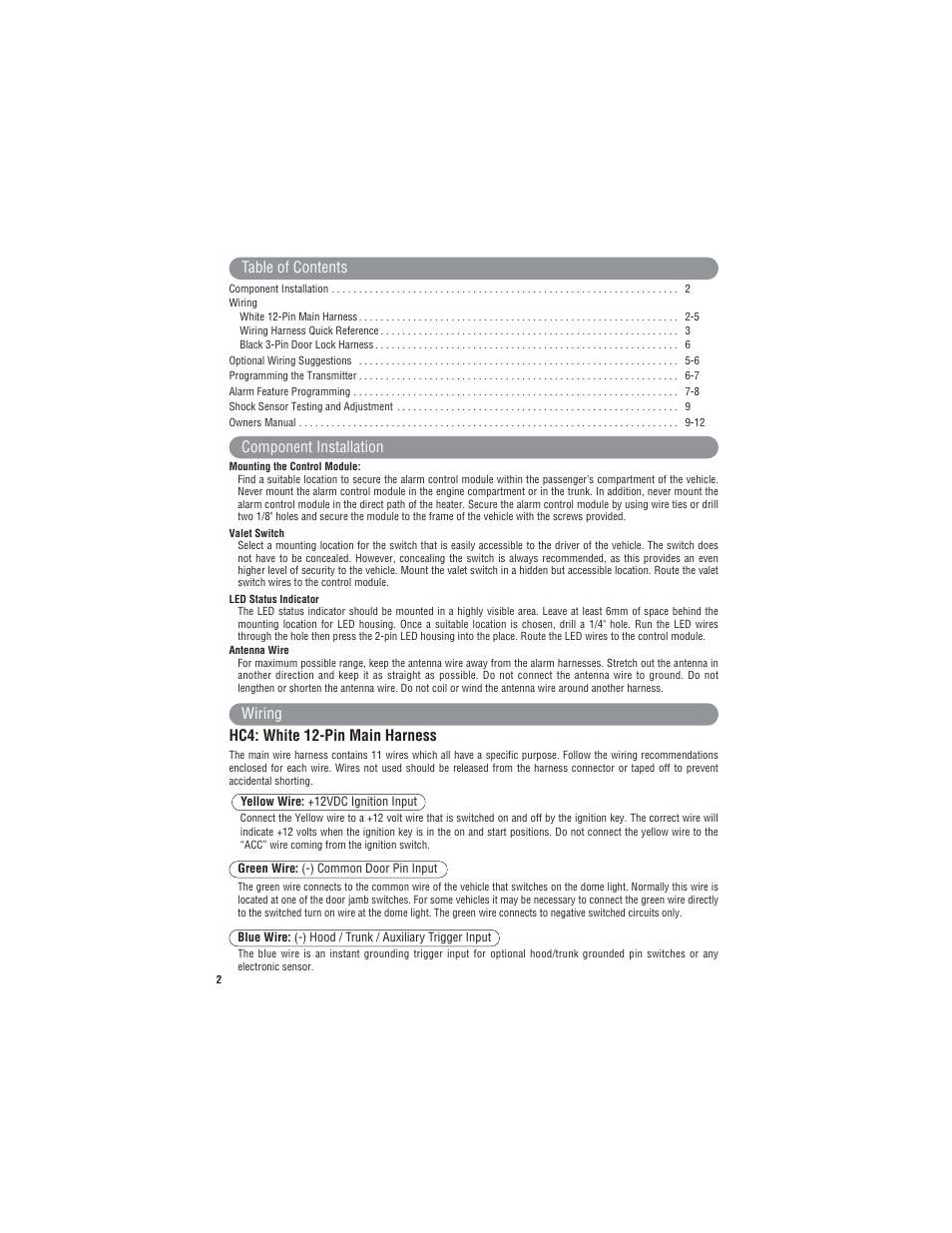 Table of contents component installation, Hc4: white 12-pin main harness wiring | Marksman Series X3 User Manual | Page 2 / 12