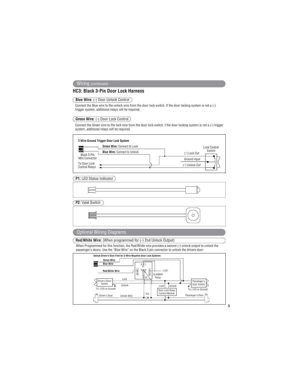 Wiring, Hc3: black 3-pin door lock harness, Optional wiring diagrams | Marksman Series X3 User Manual | Page 5 / 12