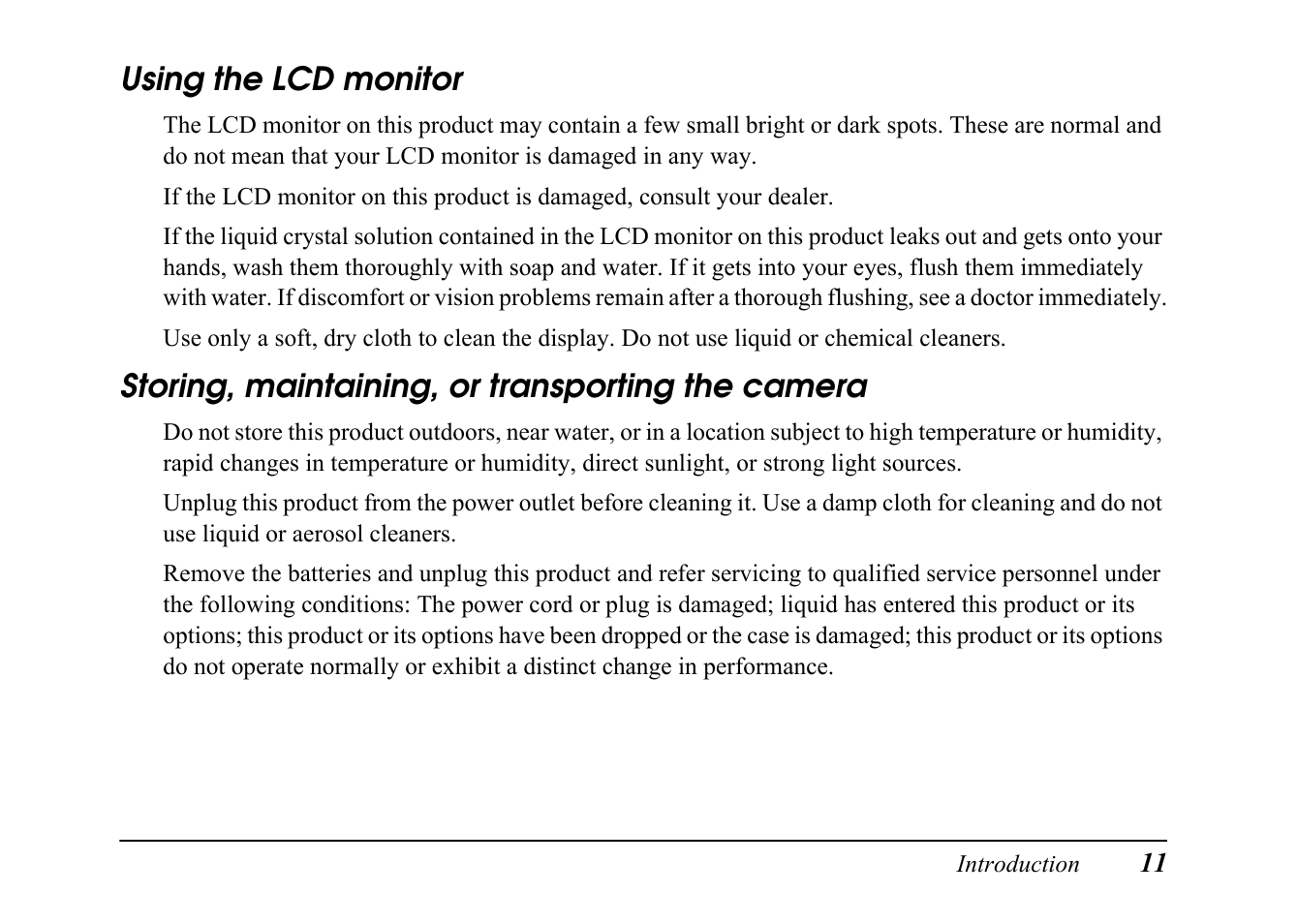 Using the lcd monitor, Storing, maintaining, or transporting the camera | Epson PC L-41 User Manual | Page 11 / 94