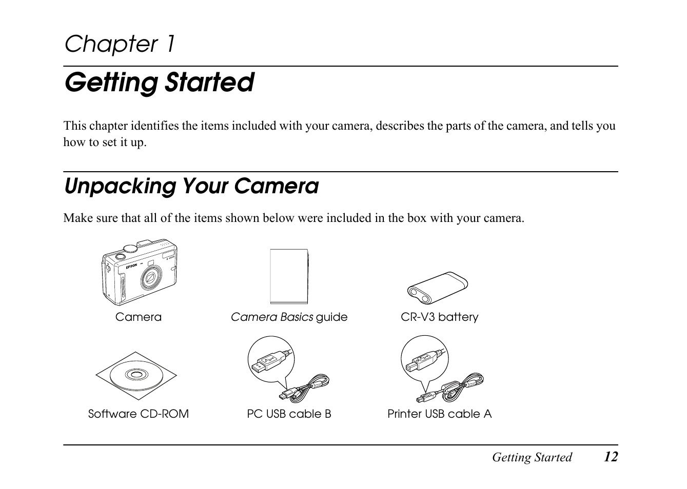 Chap 1-getting started, Unpacking your camera, Chapter 1 getting started | Getting started, Chapter 1 | Epson PC L-41 User Manual | Page 12 / 94