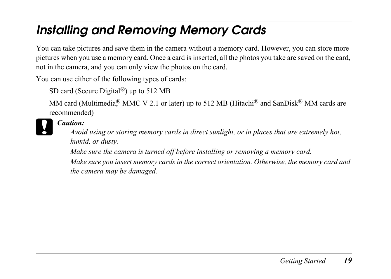 Installing and removing memory cards | Epson PC L-41 User Manual | Page 19 / 94
