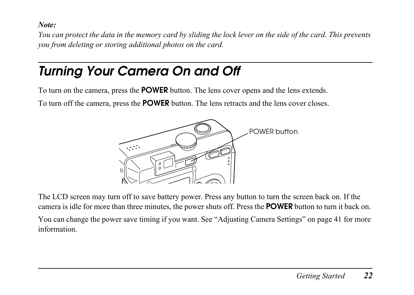 Turning your camera on and off | Epson PC L-41 User Manual | Page 22 / 94