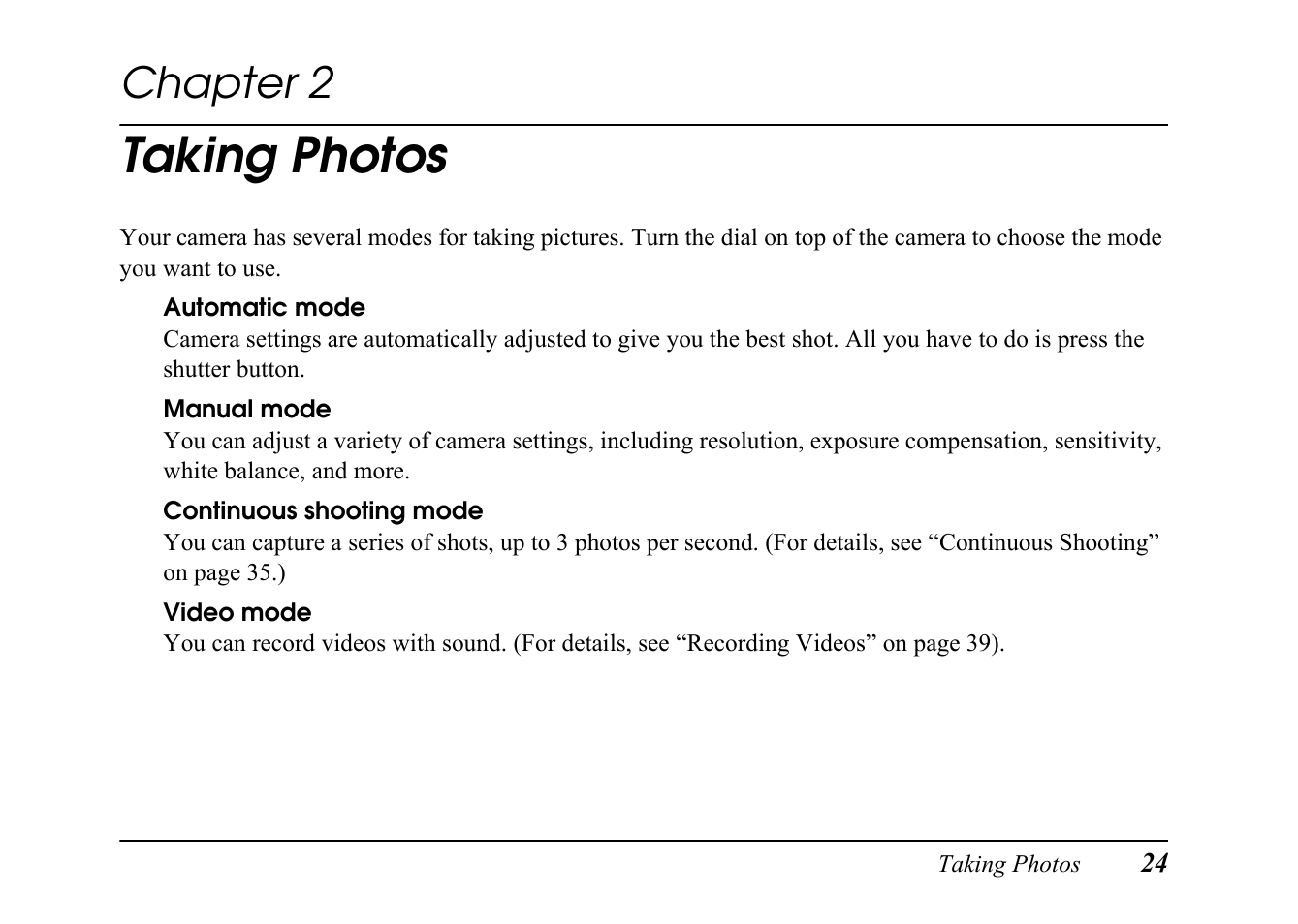 Chap 2-taking photos, Chapter 2 taking photos, Taking photos | Chapter 2 | Epson PC L-41 User Manual | Page 24 / 94