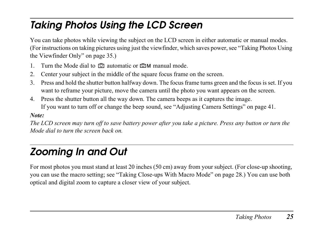 Taking photos using the lcd screen, Zooming in and out | Epson PC L-41 User Manual | Page 25 / 94