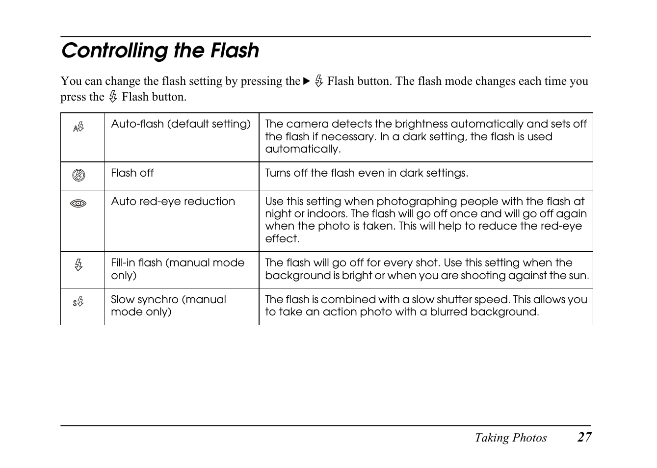 Controlling the flash | Epson PC L-41 User Manual | Page 27 / 94