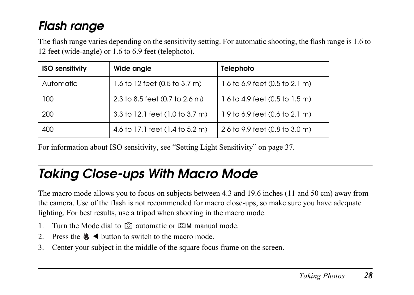 Flash range, Taking close-ups with macro mode | Epson PC L-41 User Manual | Page 28 / 94
