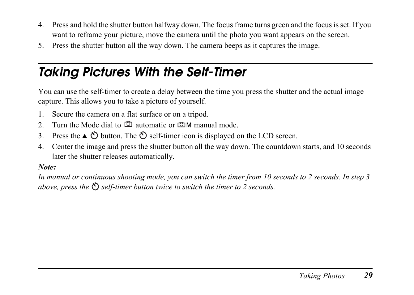 Taking pictures with the self-timer | Epson PC L-41 User Manual | Page 29 / 94