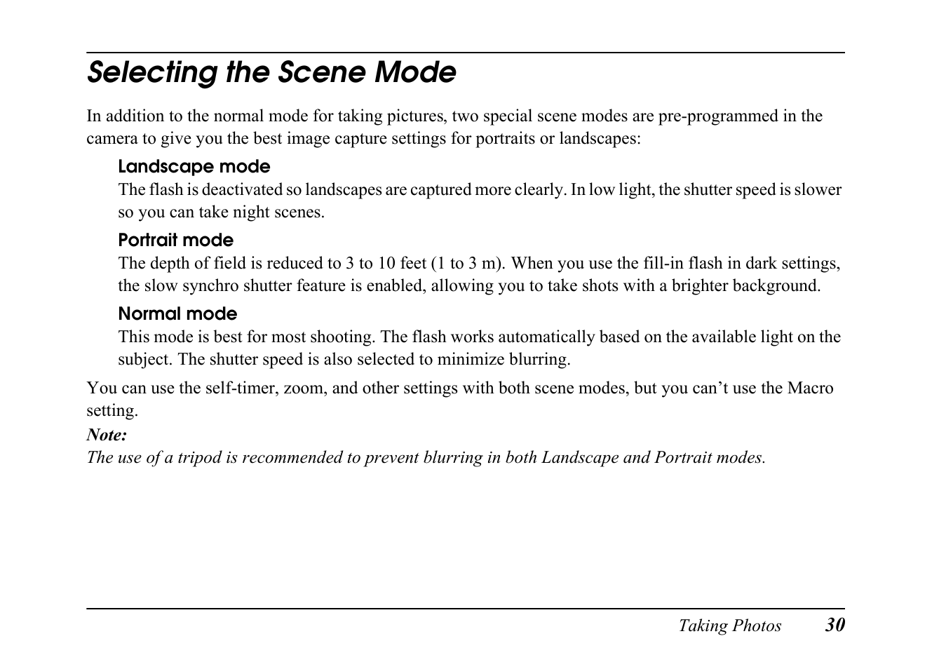 Selecting the scene mode | Epson PC L-41 User Manual | Page 30 / 94