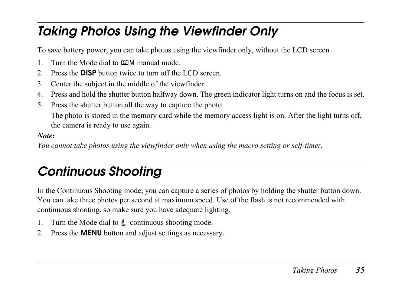 Taking photos using the viewfinder only, Continuous shooting | Epson PC L-41 User Manual | Page 35 / 94