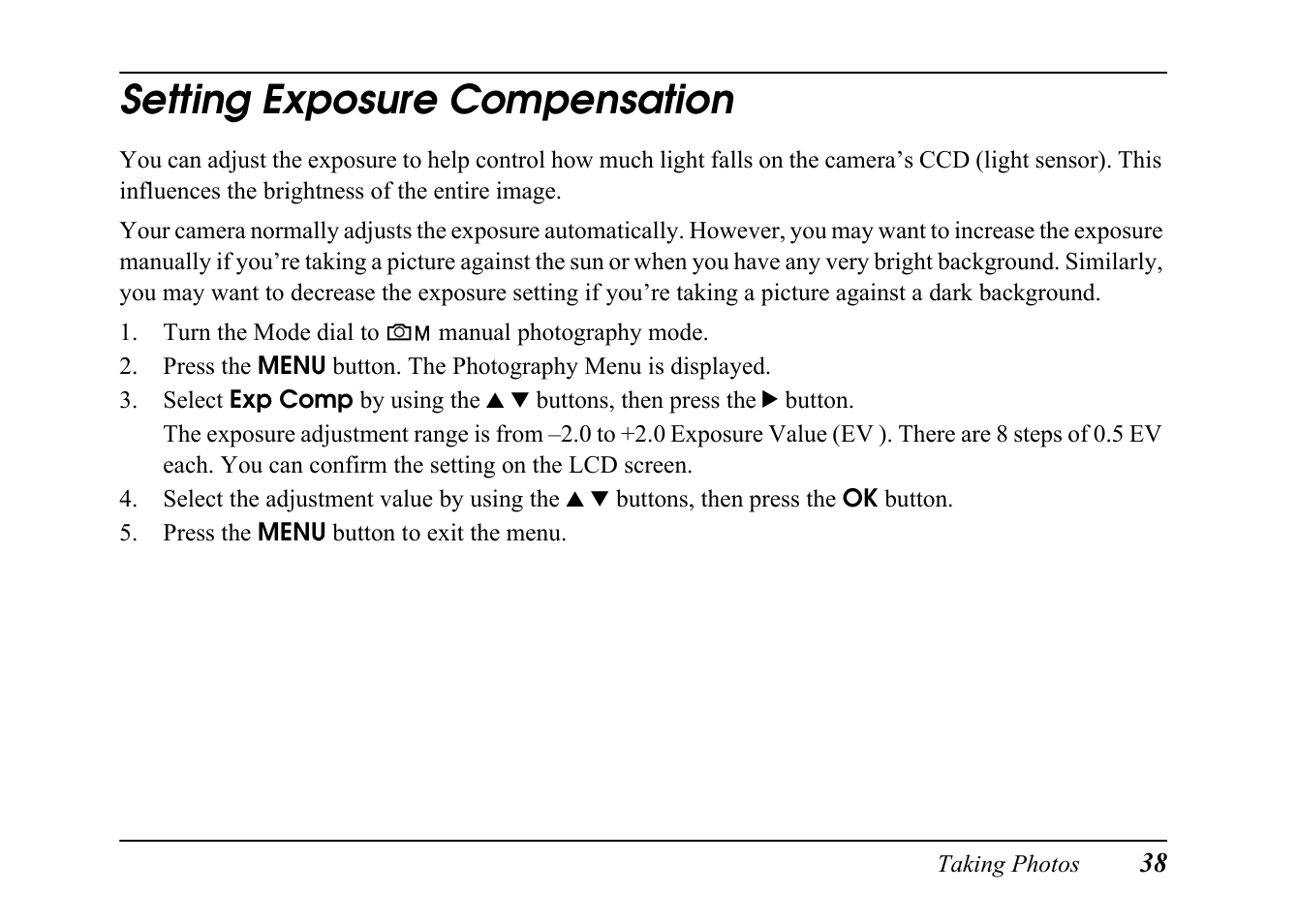 Setting exposure compensation | Epson PC L-41 User Manual | Page 38 / 94
