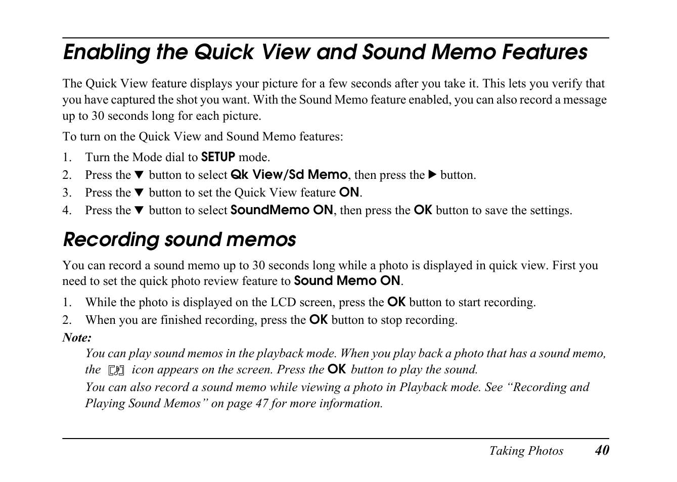 Enabling the quick view and sound memo features, Recording sound memos, Enabling the quick view and sound | Memo features | Epson PC L-41 User Manual | Page 40 / 94