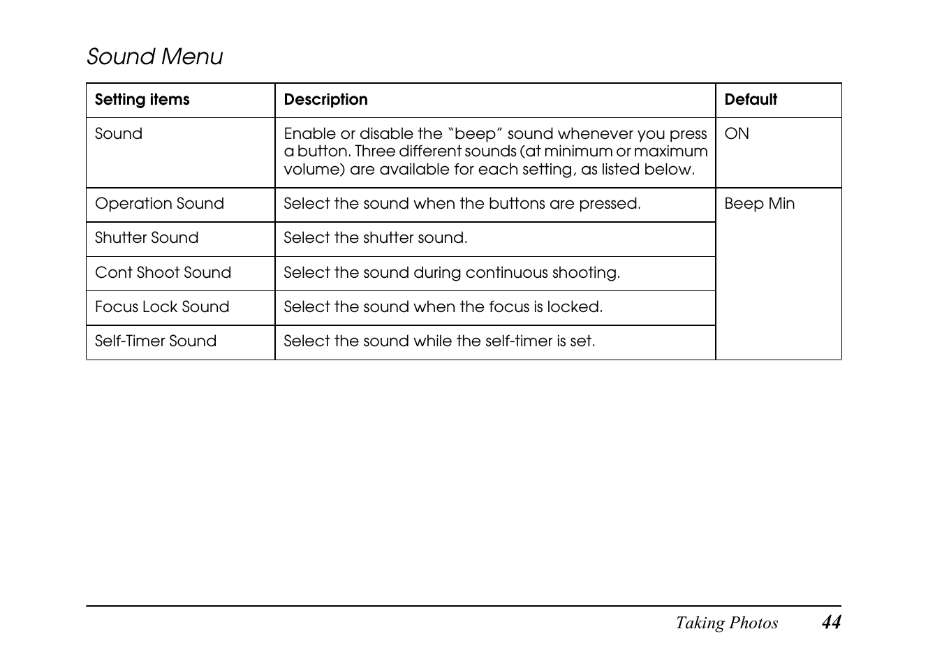 Sound menu | Epson PC L-41 User Manual | Page 44 / 94