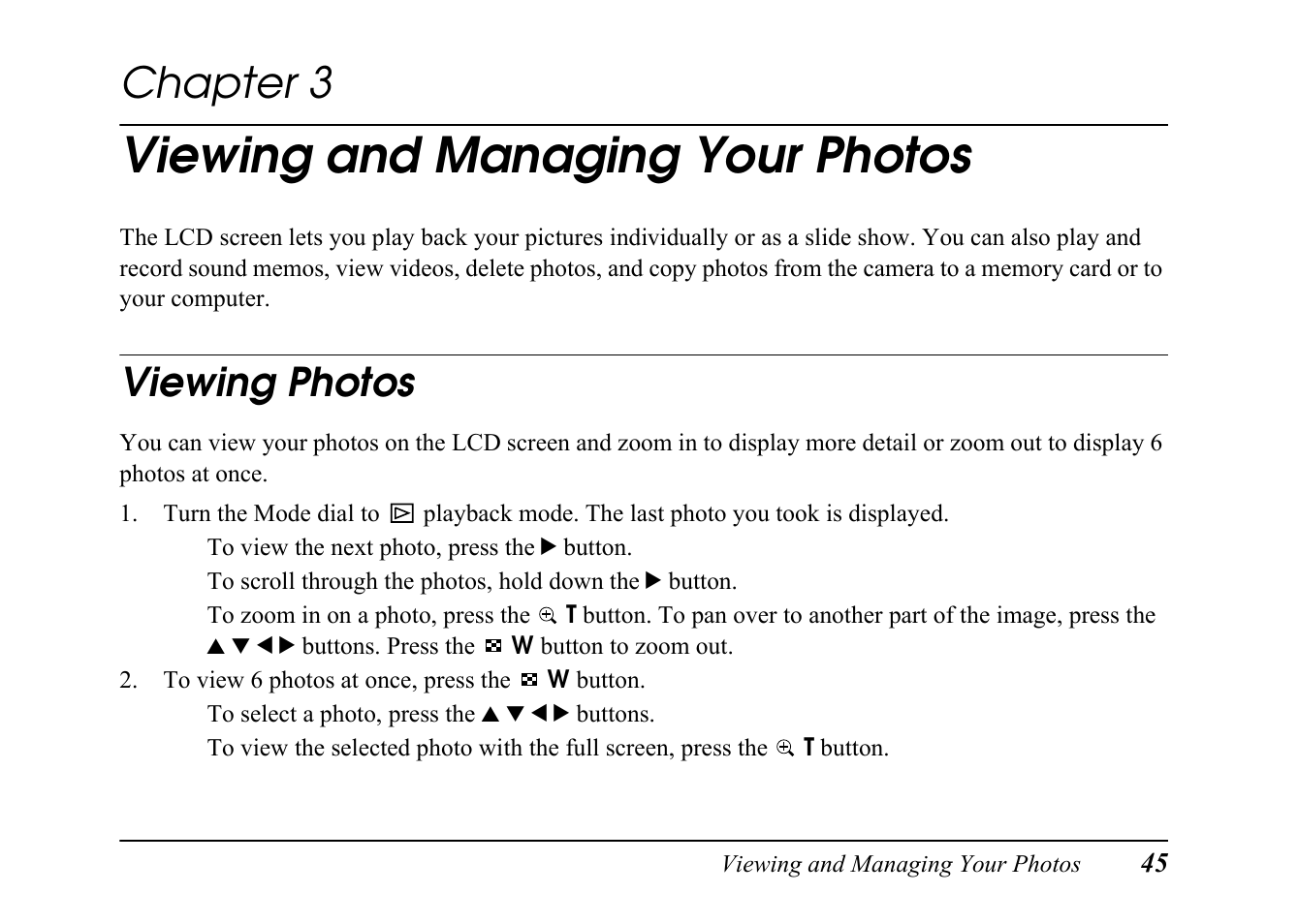 Chap 3-viewing and managing your photos, Viewing photos, Chapter 3 viewing and managing your photos | Viewing and managing your photos, Chapter 3 | Epson PC L-41 User Manual | Page 45 / 94