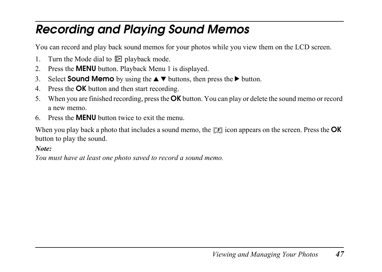 Recording and playing sound memos | Epson PC L-41 User Manual | Page 47 / 94