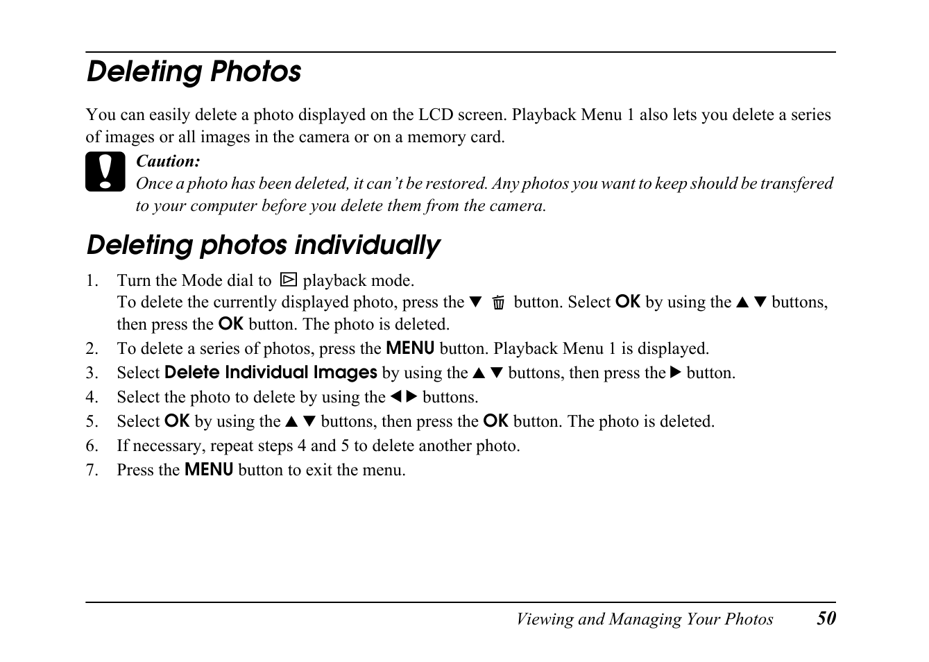 Deleting photos, Deleting photos individually | Epson PC L-41 User Manual | Page 50 / 94