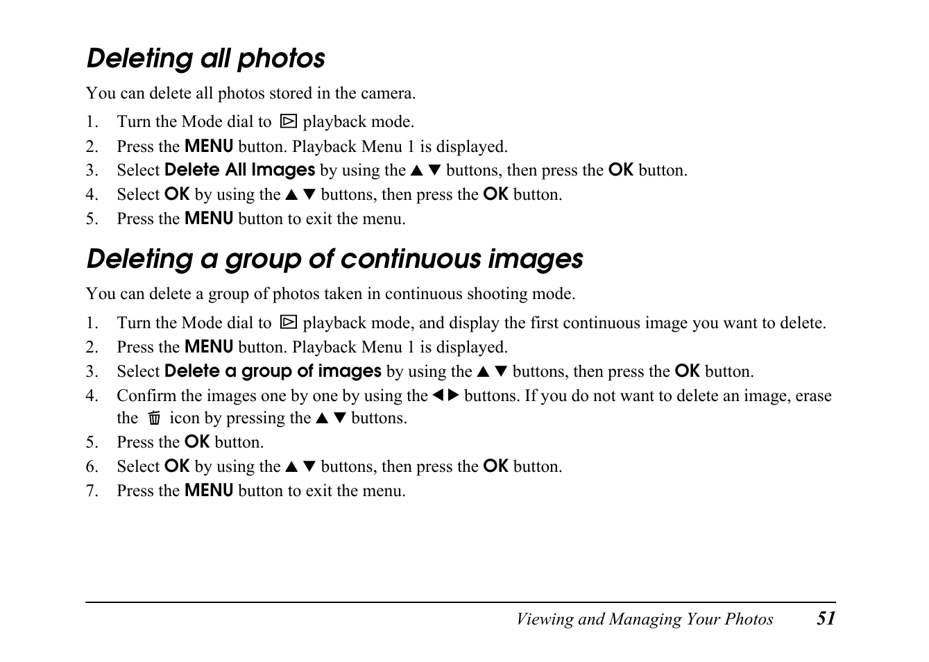 Deleting all photos, Deleting a group of continuous images | Epson PC L-41 User Manual | Page 51 / 94