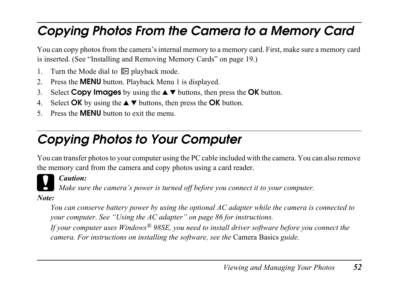 Copying photos from the camera to a memory card, Copying photos to your computer, Copying photos from the camera to a | Memory card | Epson PC L-41 User Manual | Page 52 / 94