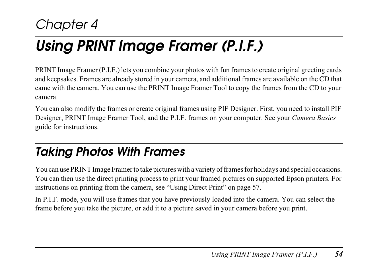 Chap 4-using print image framer (p.i.f.), Taking photos with frames, Chapter 4 using print image framer (p.i.f.) | Using print image framer (p.i.f.), Chapter 4 | Epson PC L-41 User Manual | Page 54 / 94