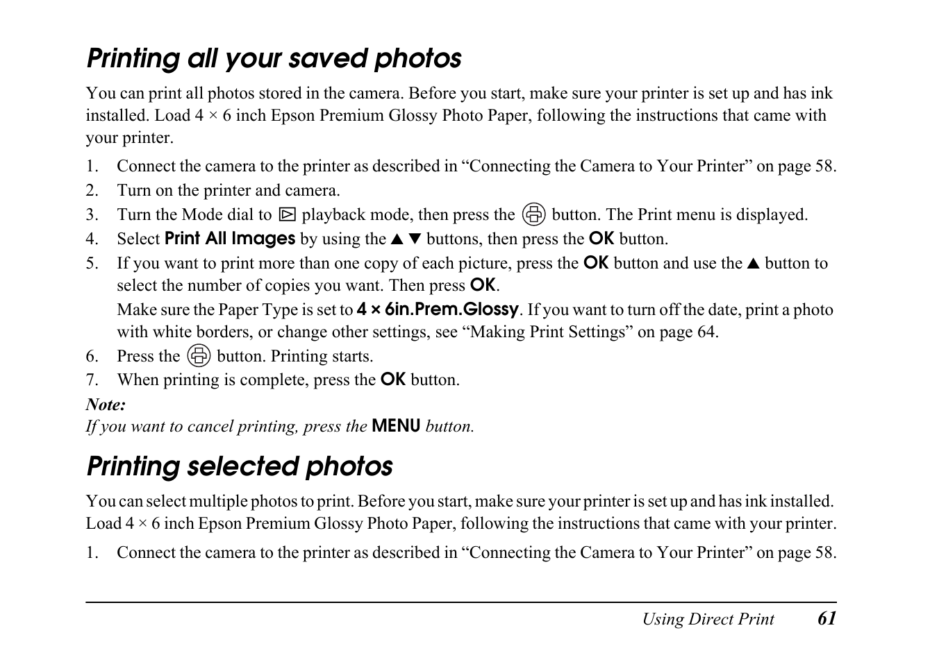 Printing all your saved photos, Printing selected photos | Epson PC L-41 User Manual | Page 61 / 94