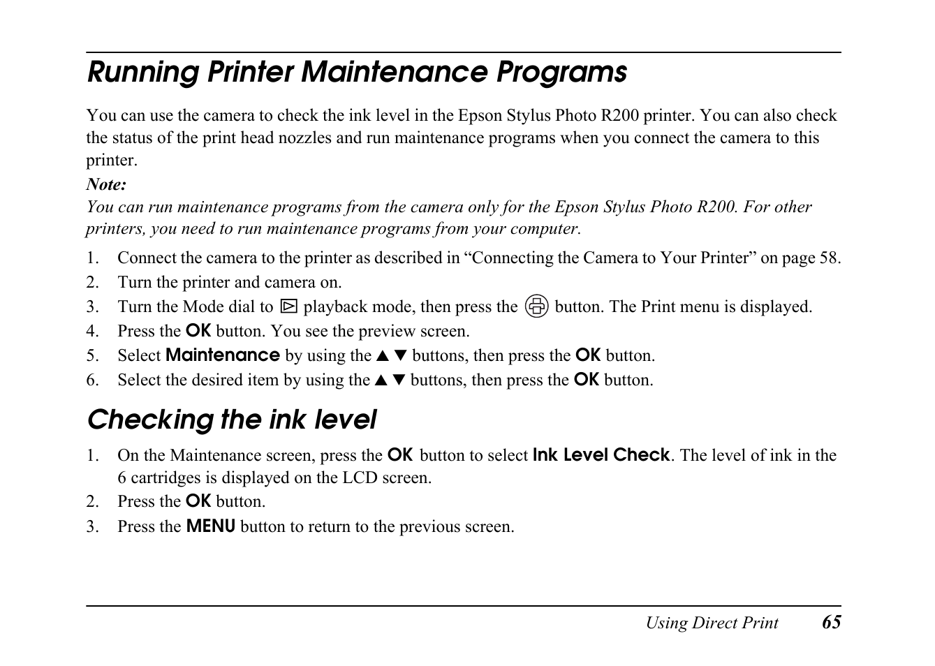 Running printer maintenance programs, Checking the ink level | Epson PC L-41 User Manual | Page 65 / 94