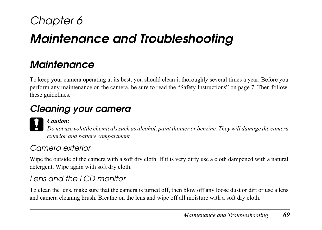 Chap 6-maintenance and troubleshooting, Maintenance, Cleaning your camera | Chapter 6 maintenance and troubleshooting, Maintenance and troubleshooting, Chapter 6 | Epson PC L-41 User Manual | Page 69 / 94