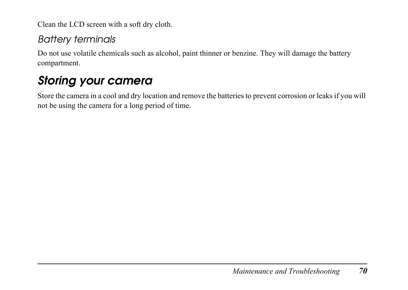 Storing your camera | Epson PC L-41 User Manual | Page 70 / 94