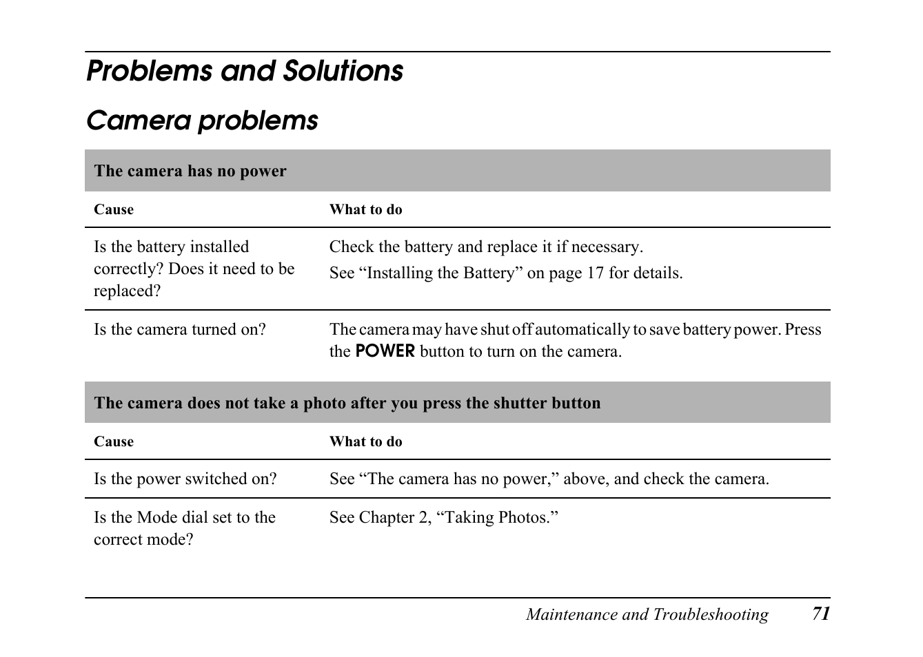 Problems and solutions, Camera problems | Epson PC L-41 User Manual | Page 71 / 94