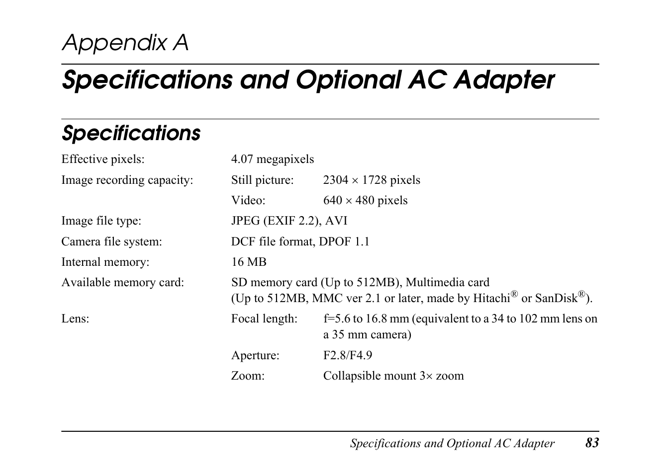 Appendix: specifications and optional ac adapter, Specifications, Appendix a specifications and optional ac adapter | Specifications and optional ac adapter, Appendix a | Epson PC L-41 User Manual | Page 83 / 94