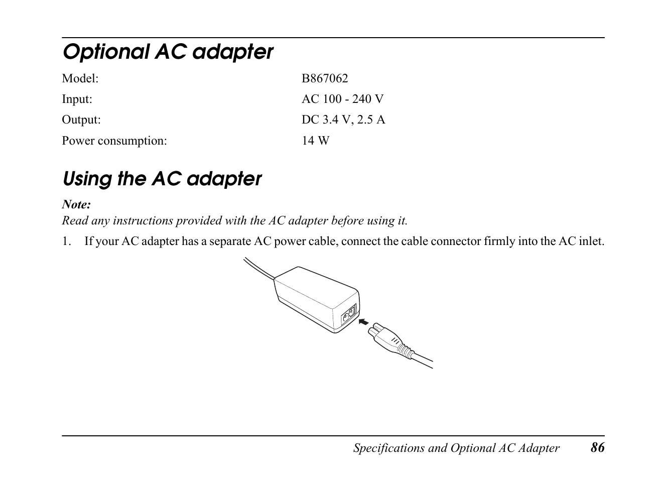 Optional ac adapter, Using the ac adapter | Epson PC L-41 User Manual | Page 86 / 94