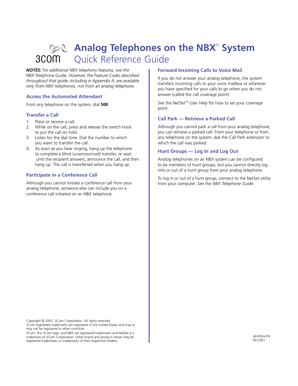 3Com Analog NBX User Manual | 2 pages