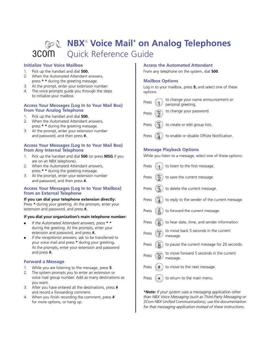 Voice mail, On analog telephones quick reference guide | 3Com Analog NBX User Manual | Page 2 / 2