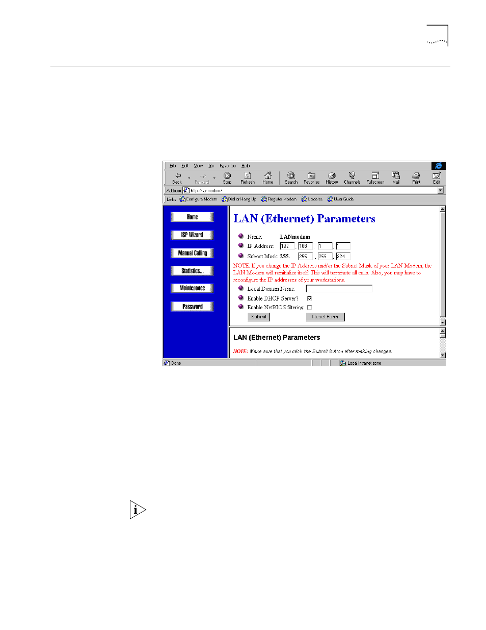 Configuring lan parameters, Understanding lan parameters, Name | Ip address and subnet mask, Configuring lan parameters 67, Understanding lan parameters 67, Name 67 ip address and subnet mask 67 | 3Com OFFICECONNECT 3C886 User Manual | Page 67 / 116