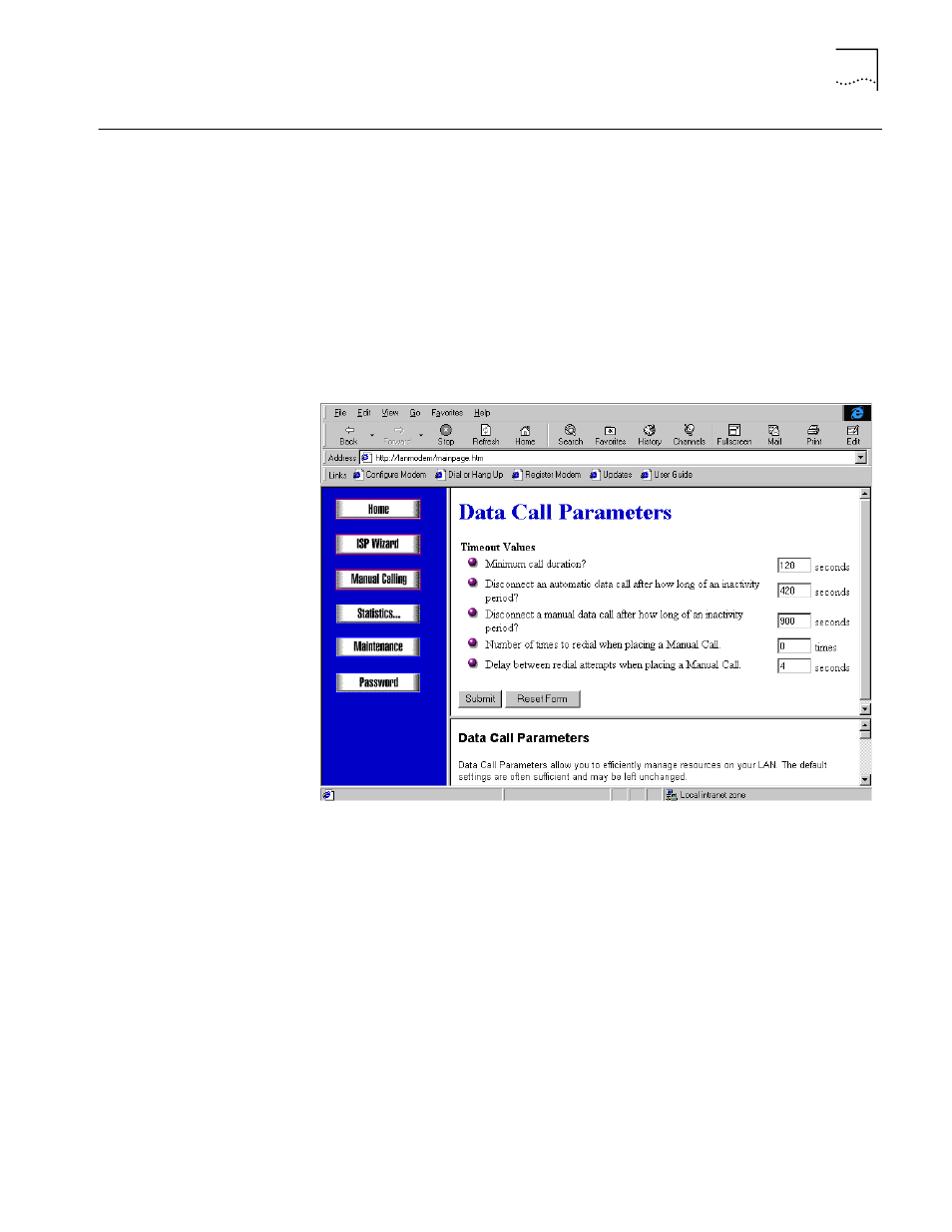 Changing data call parameters, Understanding data call parameters, Minimum call duration | Disconnecting an automatic data call, Changing data call parameters 71, Understanding data call parameters 71 | 3Com OFFICECONNECT 3C886 User Manual | Page 71 / 116