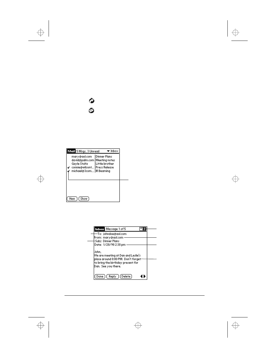 Synchronizing mail with your e-mail application, Opening mail on your palm iii organizer, Viewing messages | To open a message | 3Com III User Manual | Page 72 / 171