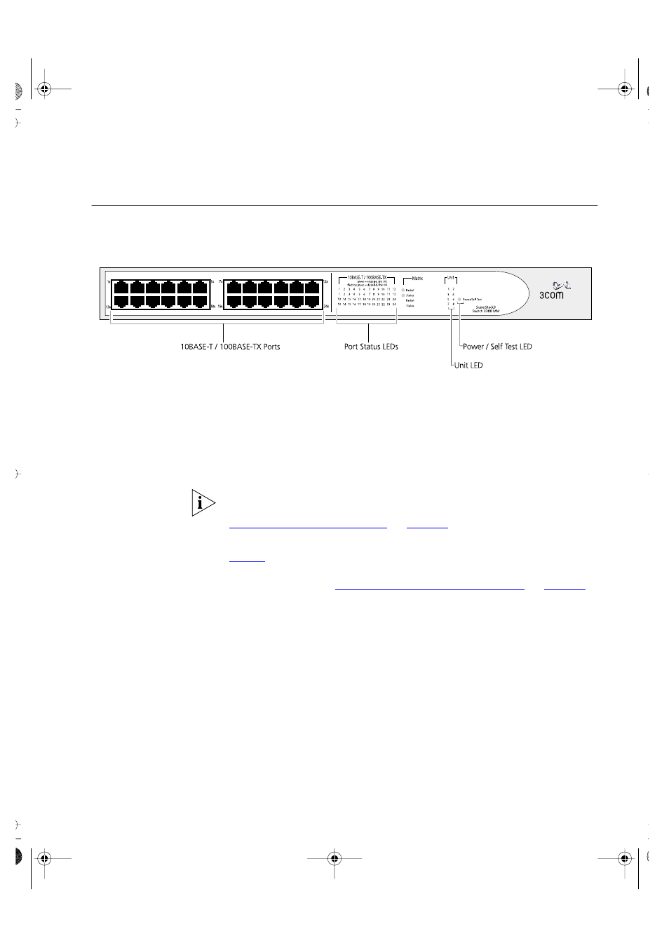 Switch 3300 mm — front view detail, 10base-t/ 100base-tx ports, Leds | 3Com 16985ua.bk User Manual | Page 13 / 60