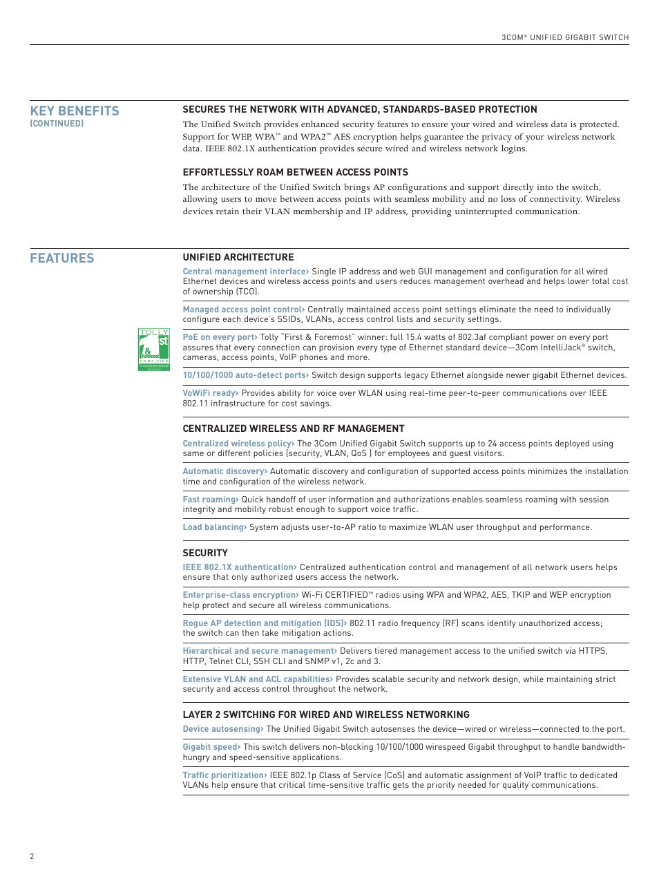 Key benefits, Features | 3Com Unified Gigabit Switch User Manual | Page 2 / 4