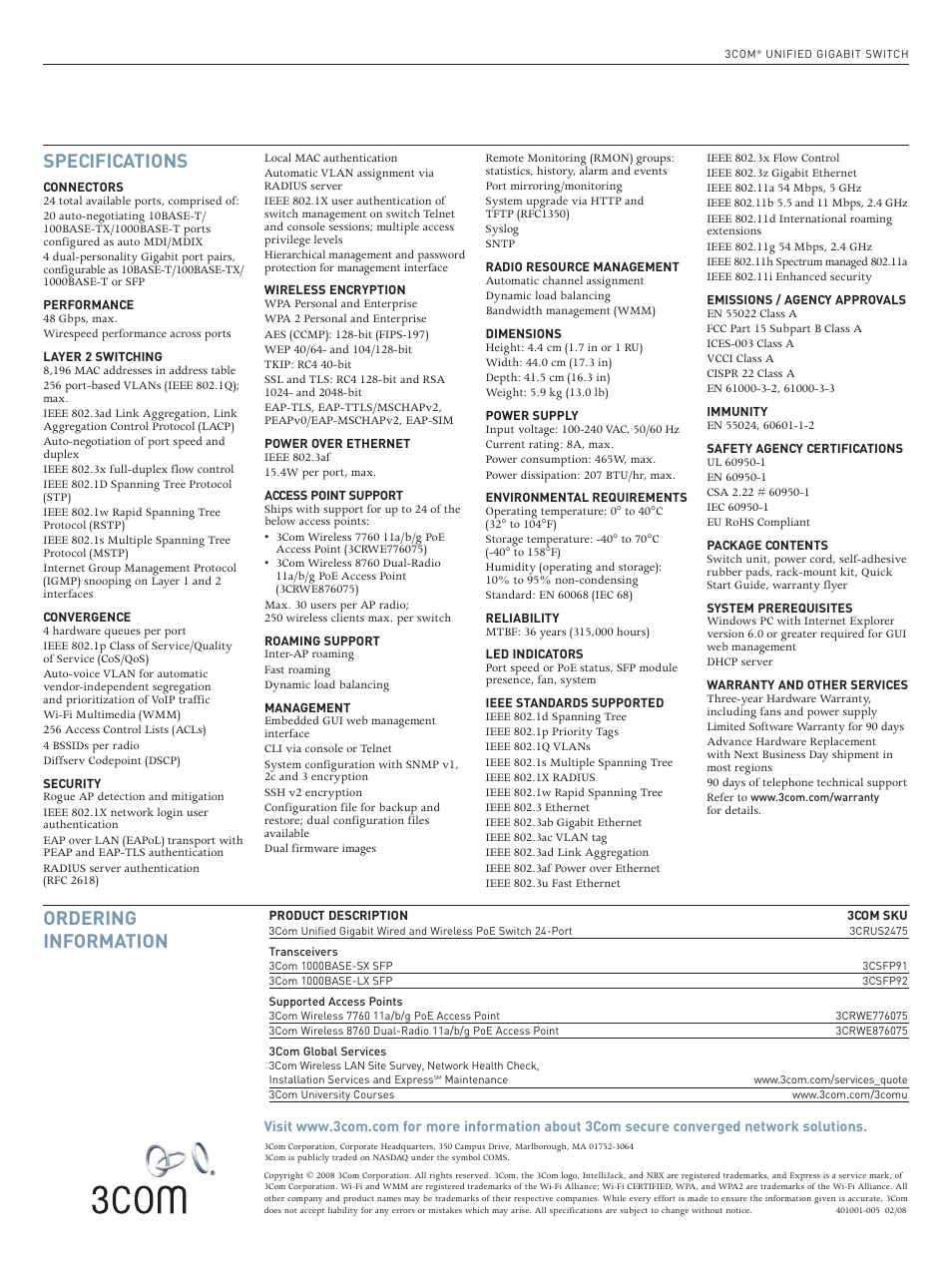 Ordering information specifications | 3Com Unified Gigabit Switch User Manual | Page 4 / 4