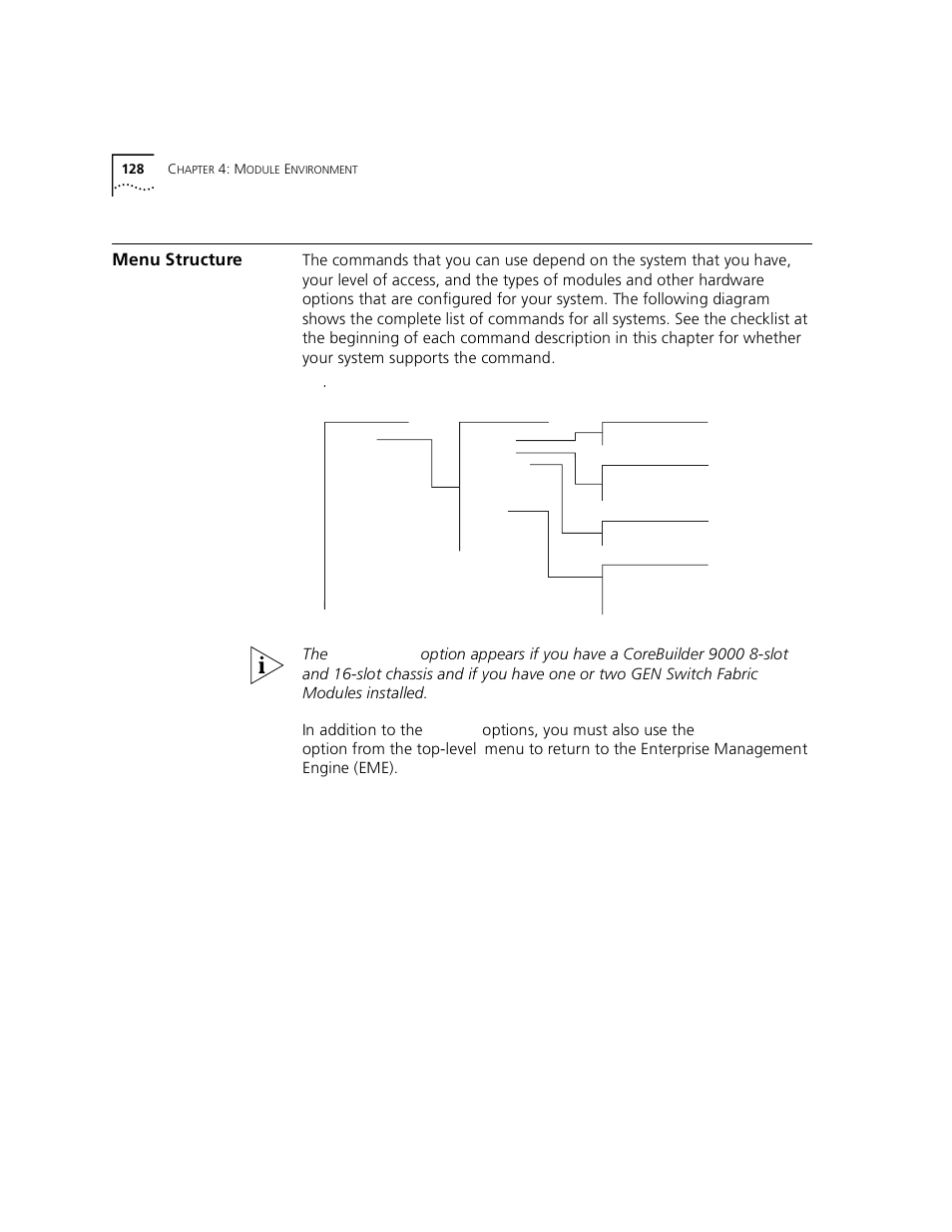 Menu structure, Options, you must also use the, Option from the top-level | 3Com 3500 User Manual | Page 128 / 784