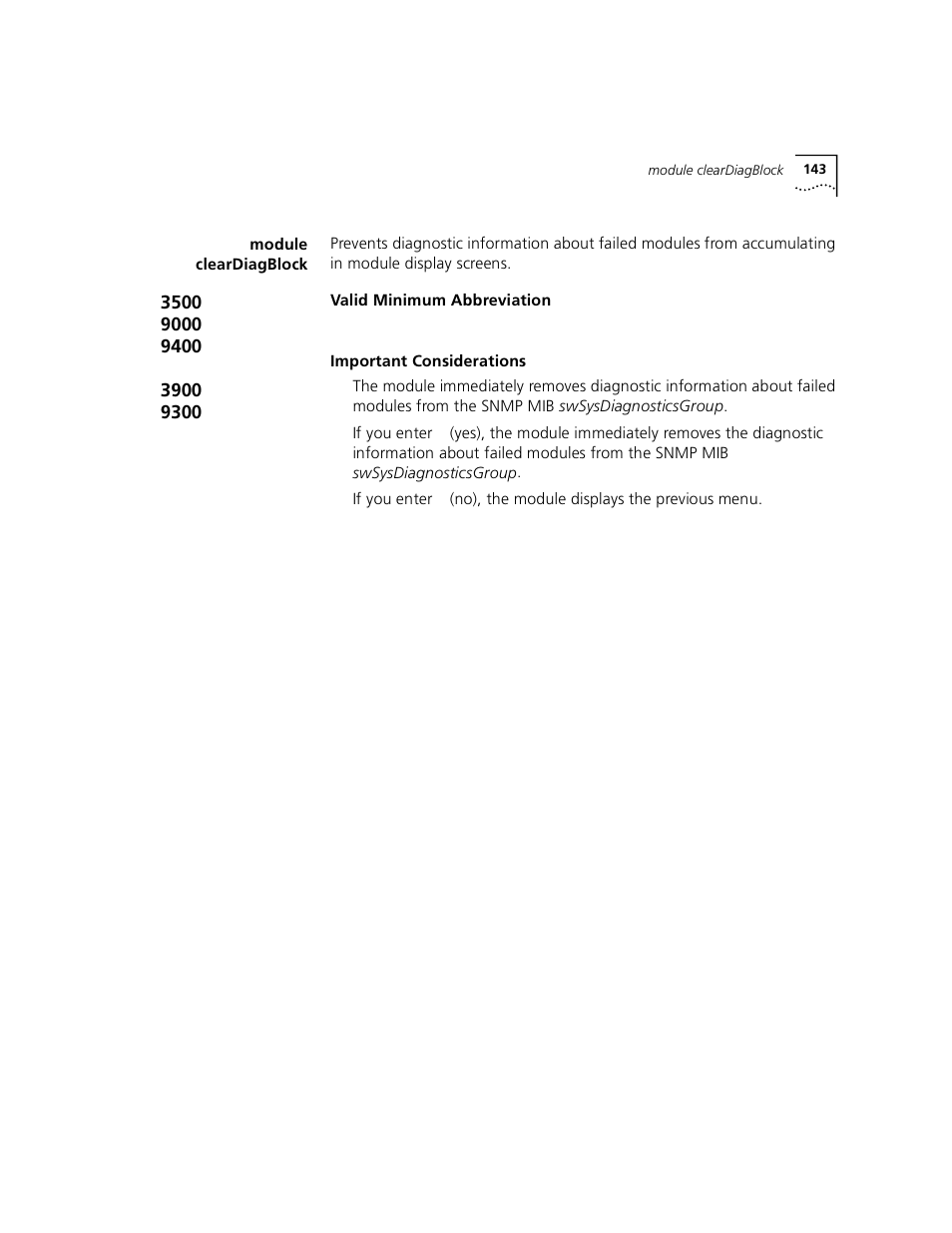 Module cleardiagblock | 3Com 3500 User Manual | Page 143 / 784