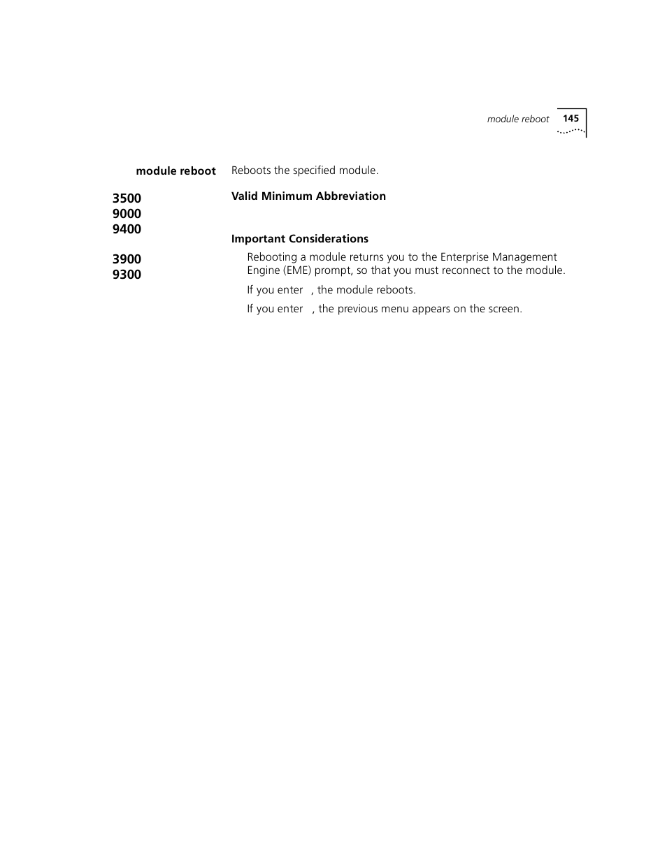 Module reboot | 3Com 3500 User Manual | Page 145 / 784