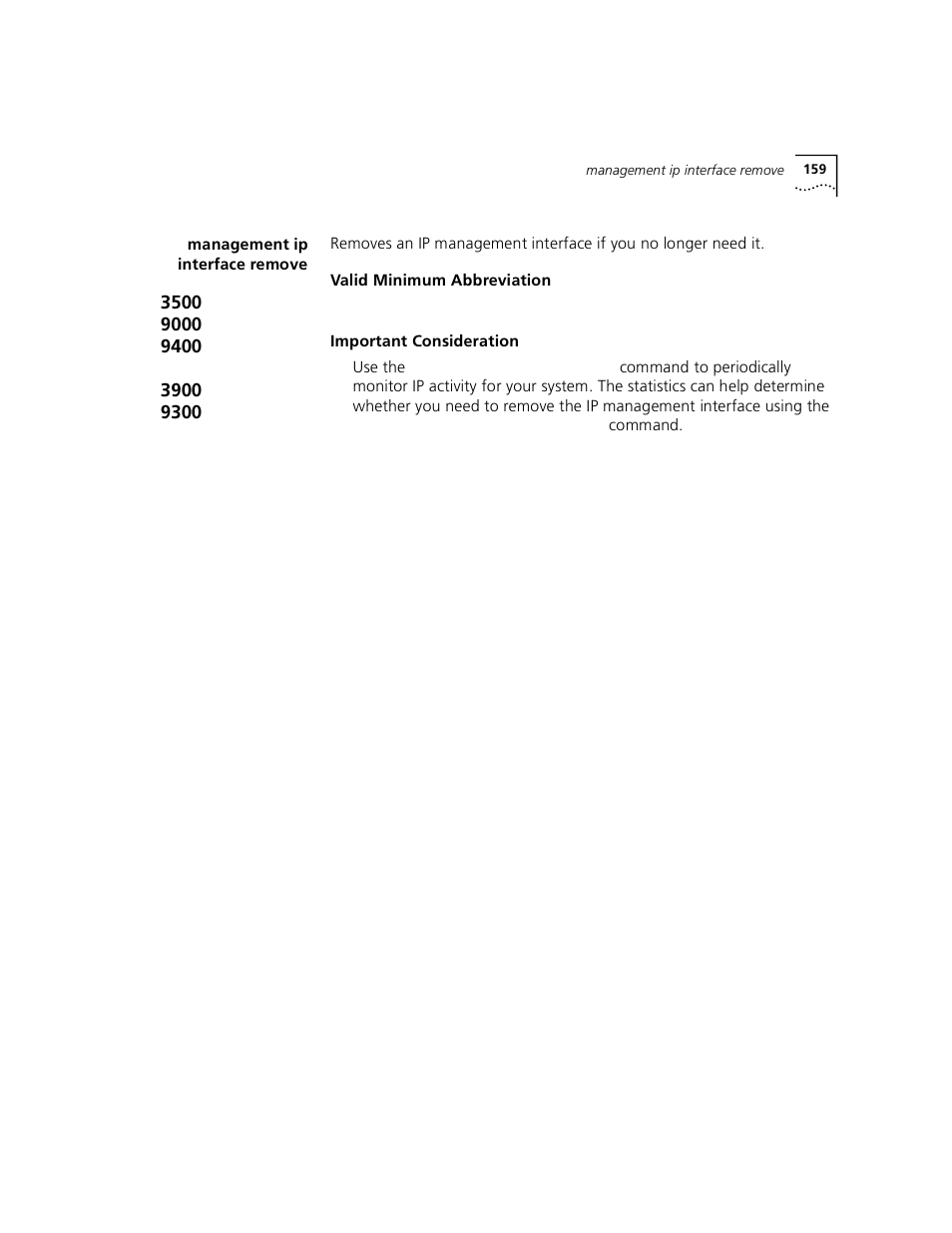 Management ip interface remove | 3Com 3500 User Manual | Page 159 / 784