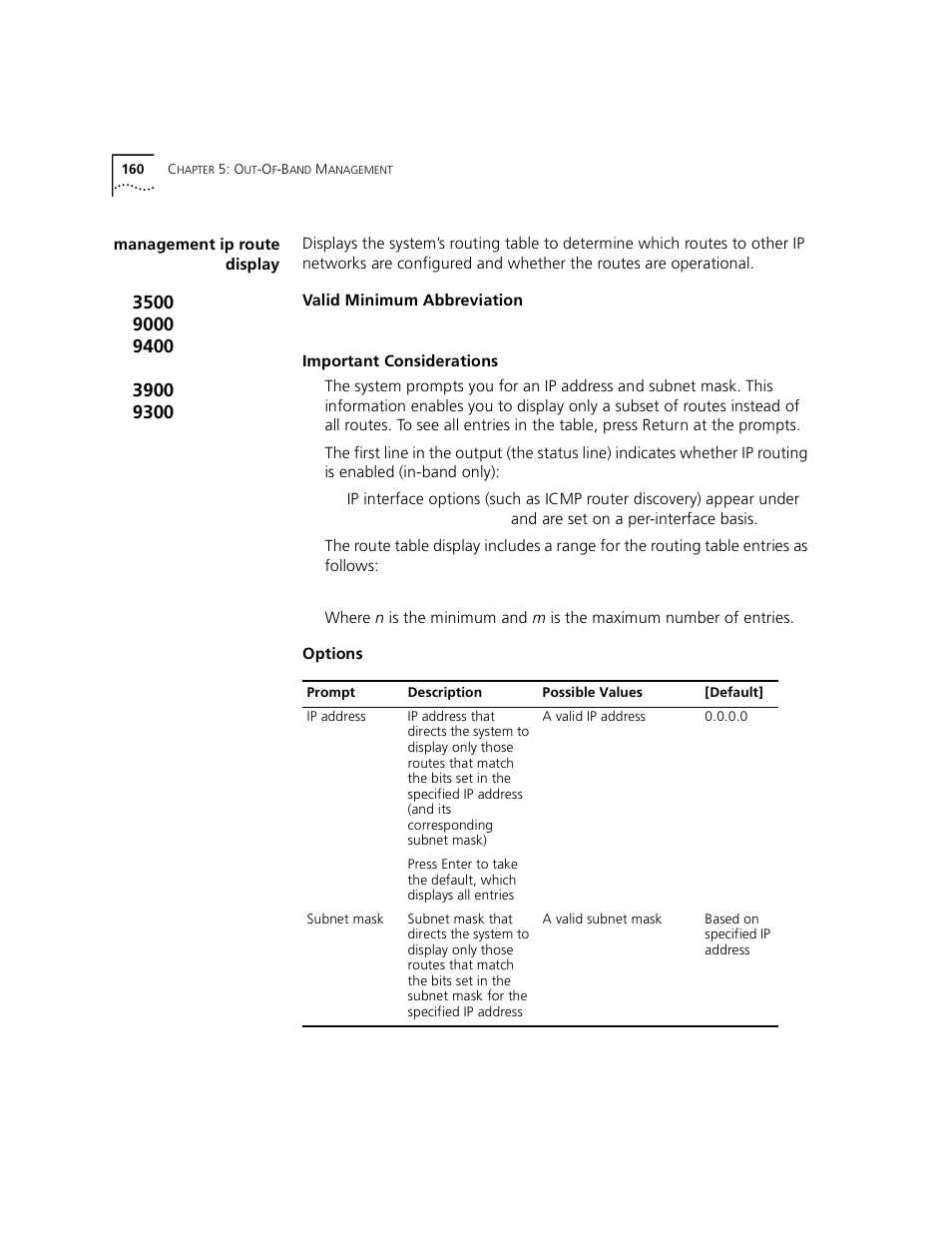 Management ip route display | 3Com 3500 User Manual | Page 160 / 784